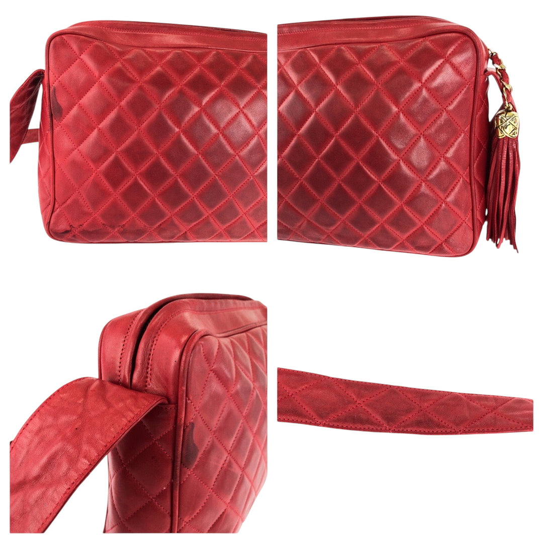 CHANEL Shoulder Bag lambskin Red Shoulder Bag pochette Matrasse COCO Mark Tassel Fringe Women Used Authentic