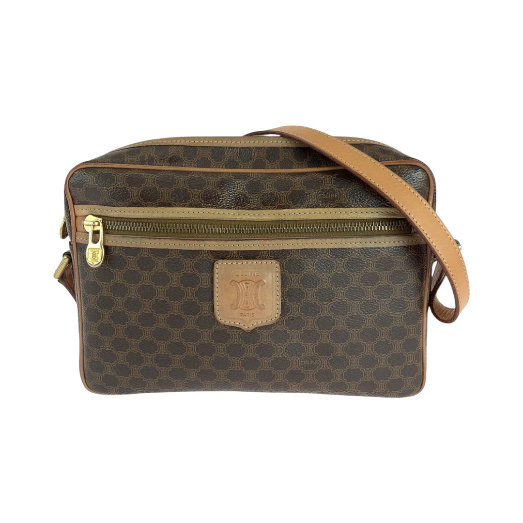 CELINE Shoulder Bag PVC Brown Gold Metal Shoulder Bag pochette Macadam Pattern Women Used Authentic