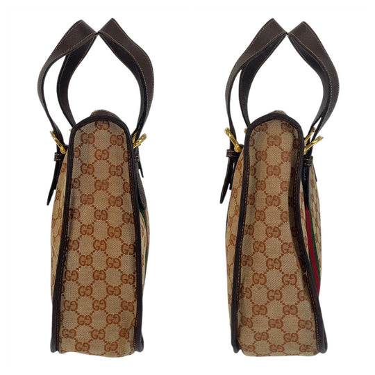 GUCCI Handbag GG canvas, leather Beige Brown Gold Metal Sherry Line Old Gucci Women Used Authentic