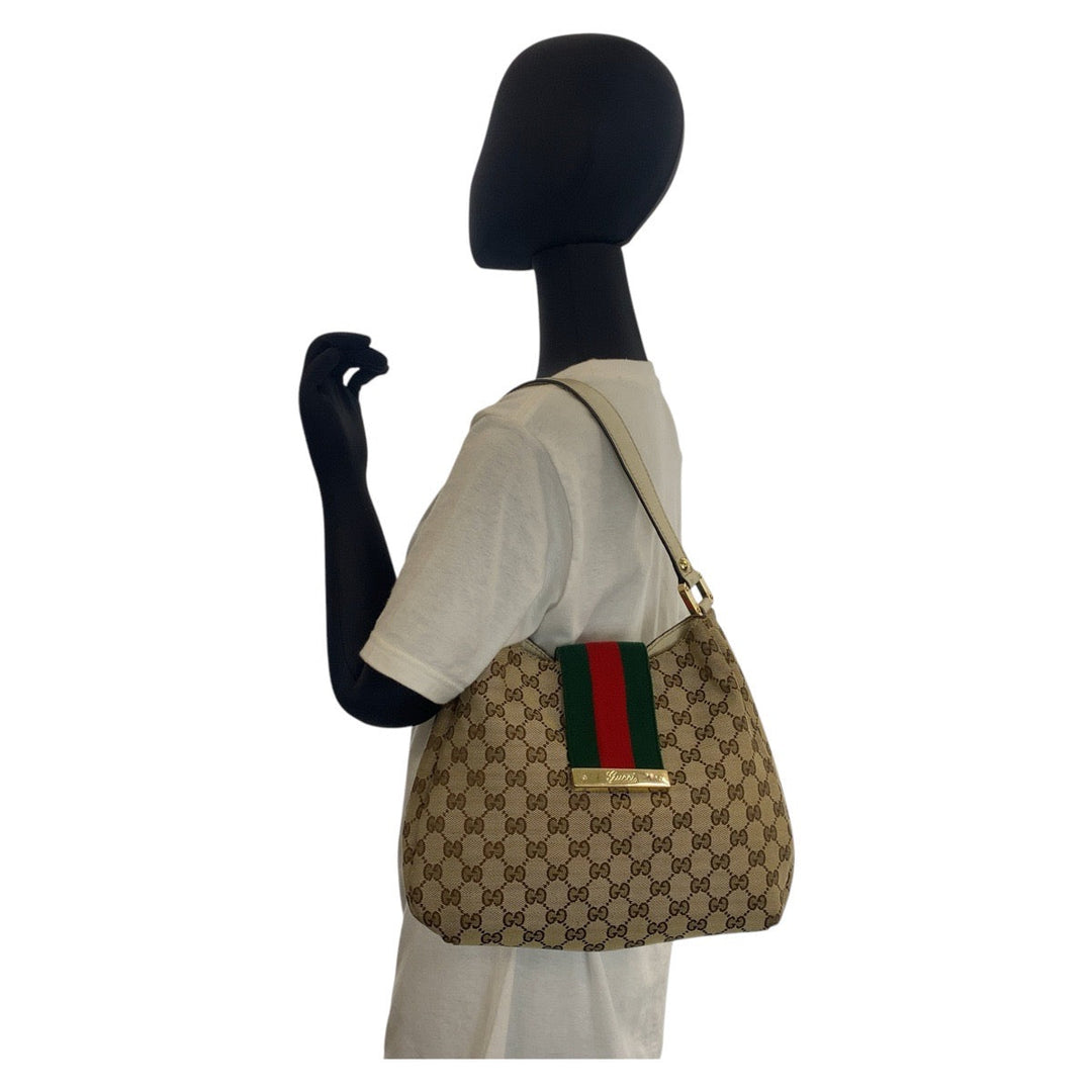 GUCCI Shoulder Bag 211934 GG canvas, leather Beige Gold Metal Sherry line Women Used Authentic
