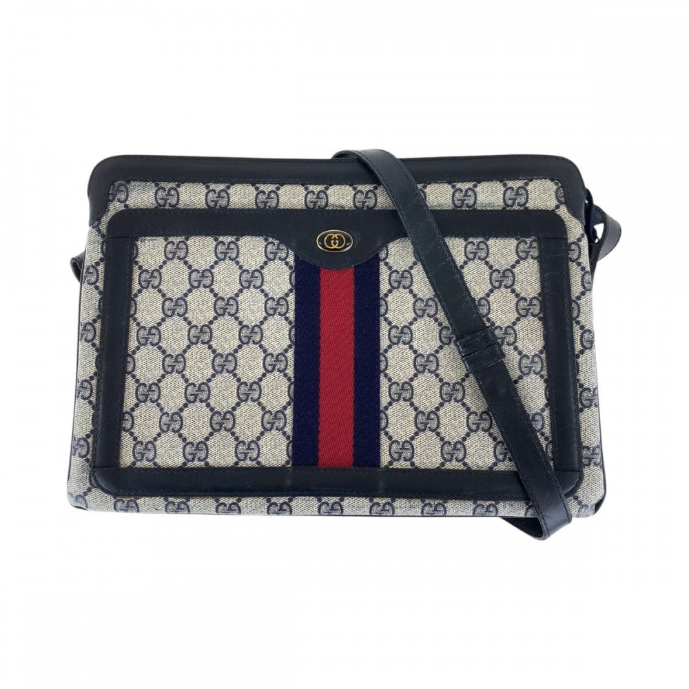 GUCCI Shoulder Bag 010 378 GG Supreme canvas, leather Navy Gold Metal Shoulder Bag pochette Old Gucci Shelly Line Interlocking Women Used Authentic