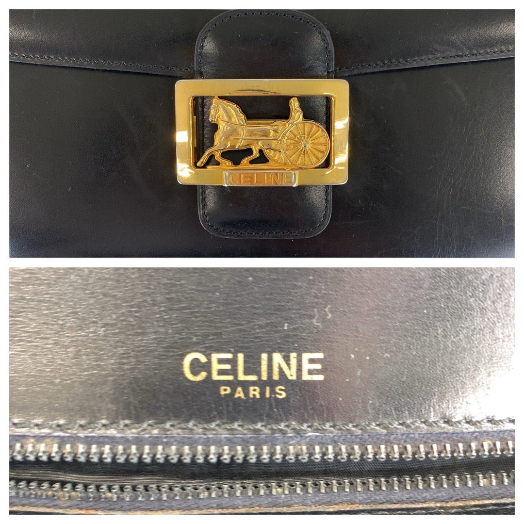 CELINE Shoulder Bag leather Black GoldMetal Shoulder Bag pochette Horse Carriage Women Used Authentic
