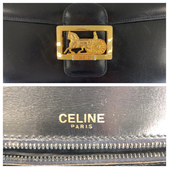 CELINE Shoulder Bag leather Black GoldMetal Shoulder Bag pochette Horse Carriage Women Used Authentic