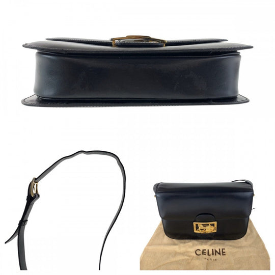 CELINE Shoulder Bag leather Black GoldMetal Shoulder Bag pochette Horse Carriage Women Used Authentic