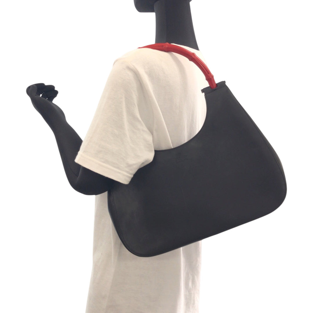 GUCCI Shoulder Bag 001 3709 leather Black Red SilverMetal One Shoulder Bag Bamboo Women Used Authentic