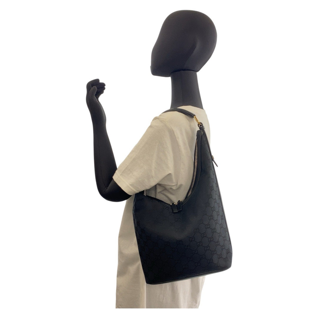 GUCCI Shoulder Bag 001 4288 GG canvas, leather Black GoldMetal Women Used Authentic
