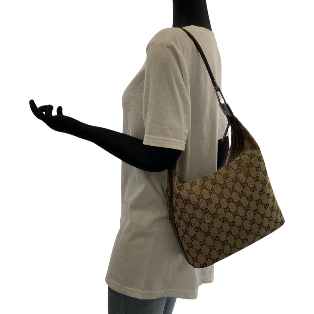 GUCCI Shoulder Bag 001 3814 GG canvas Beige Brown SilverMetal Hobo Shoulder Bag Women Used Authentic