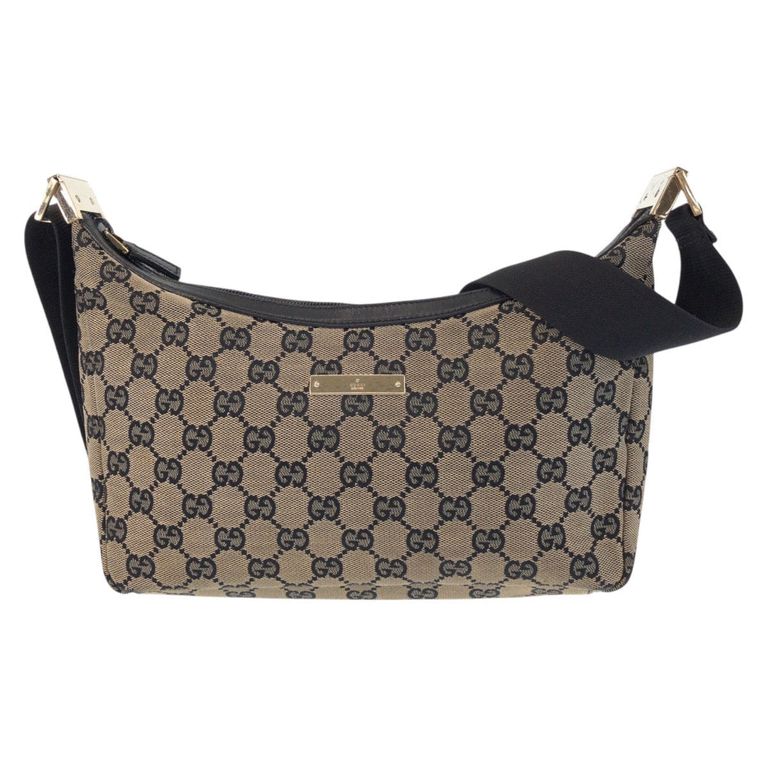 GUCCI Shoulder Bag 019 0433 GG canvas Beige Black Gold Metal Shoulder Bag pochette Women Used Authentic