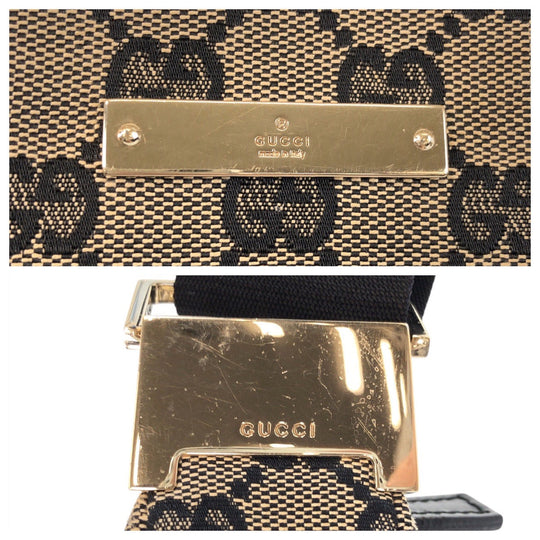 GUCCI Shoulder Bag 019 0433 GG canvas Beige Black Gold Metal Shoulder Bag pochette Women Used Authentic