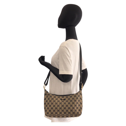 GUCCI Shoulder Bag 019 0433 GG canvas Beige Black Gold Metal Shoulder Bag pochette Women Used Authentic