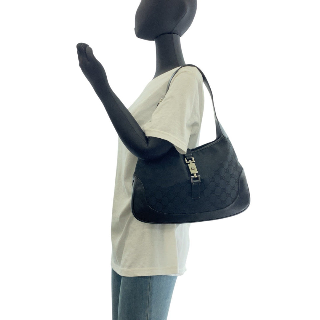 GUCCI Shoulder Bag 001 3306 GG canvas, leather black Jackie Women Used Authentic