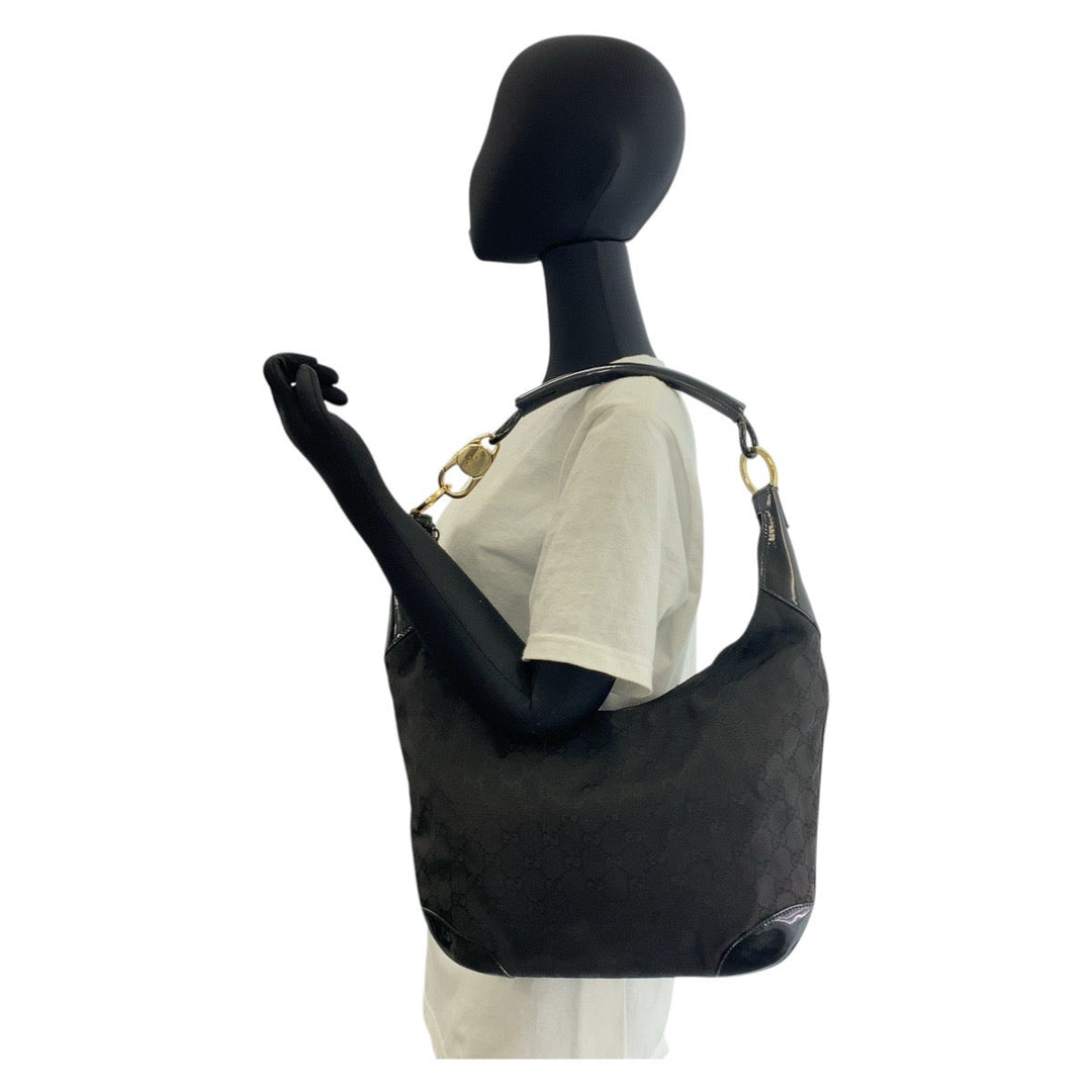 GUCCI Shoulder Bag 001 4157 GG canvas, leather Black GoldMetal Women Used Authentic