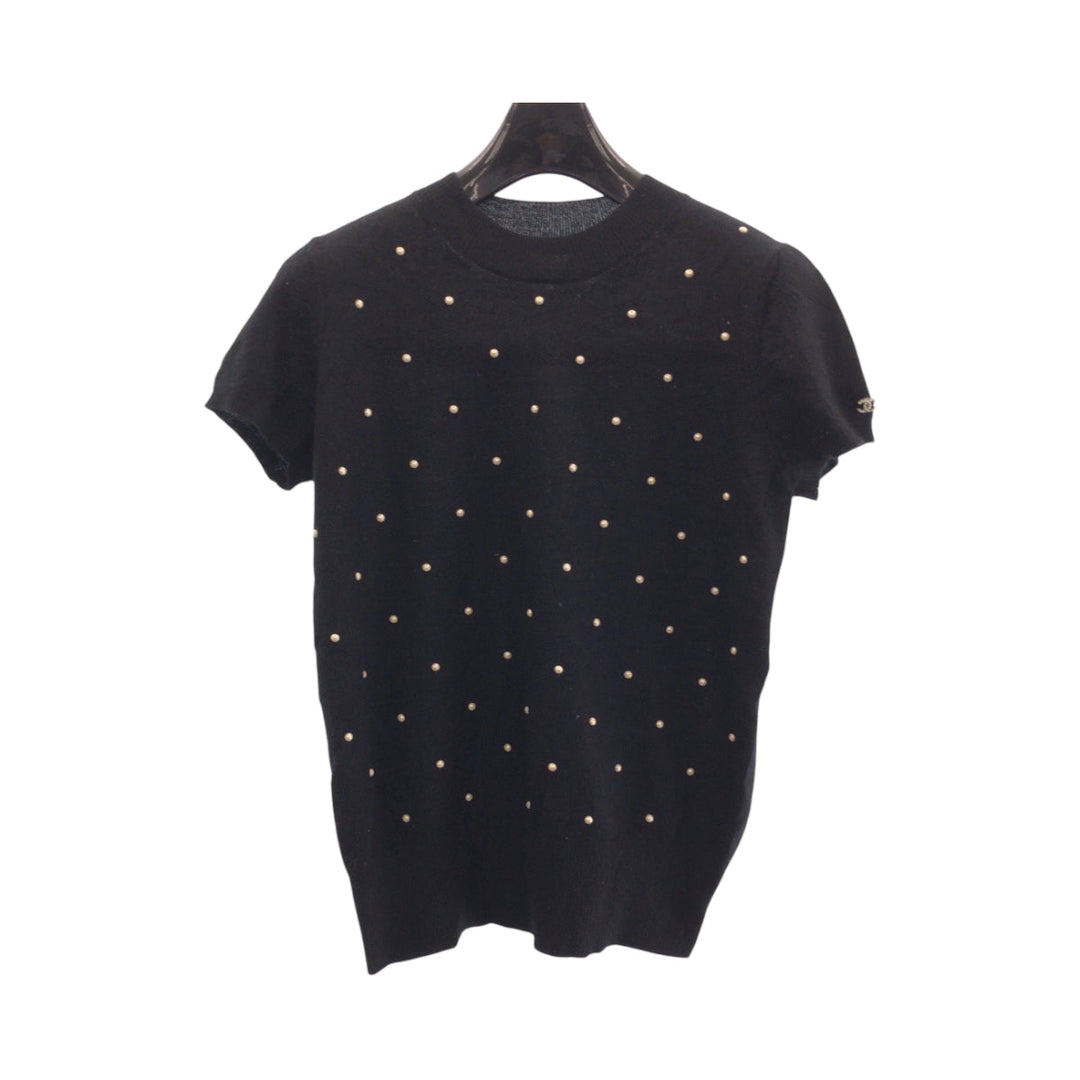 CHANEL Short sleeve T-shirt P50076K06342 cashmere black COCO Mark Pearl 38
