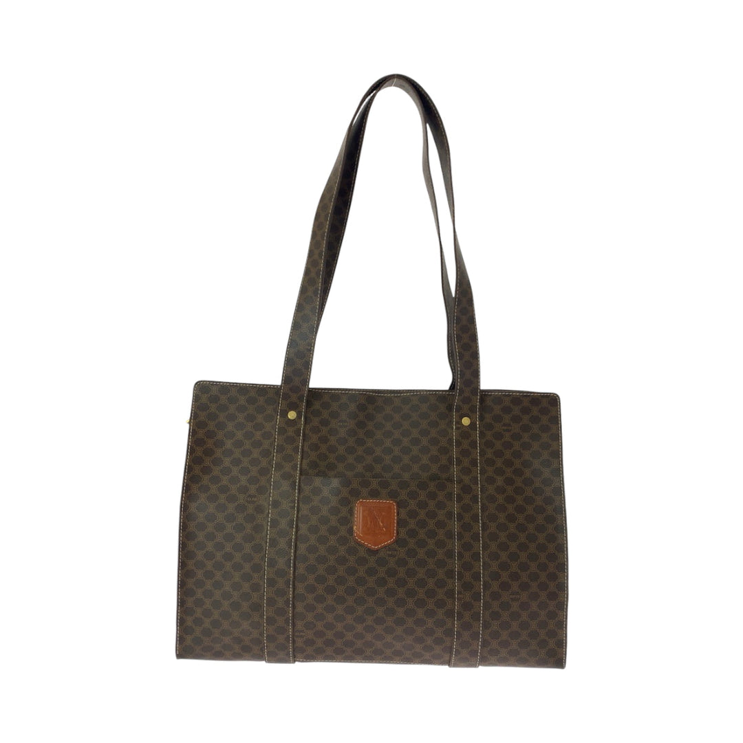 CELINE Tote Bag MC96 PVC Brown Gold Metal Tote Bag Shoulder Bag Macadam Pattern Women Used Authentic
