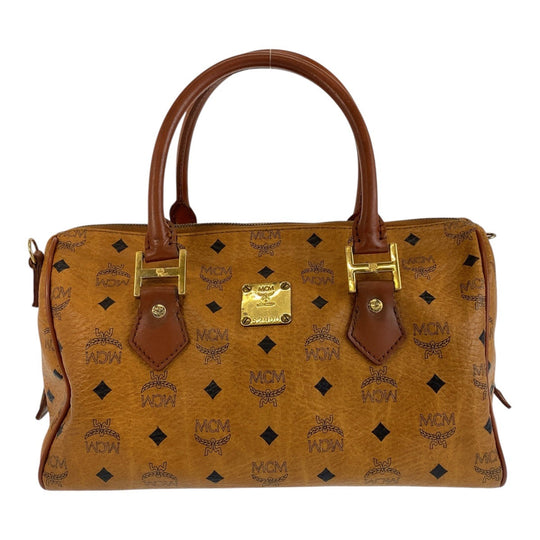 MCM Handbag leather Brown Gold Metal Handbag Boston Duffel bag Vicetos Women Used Authentic