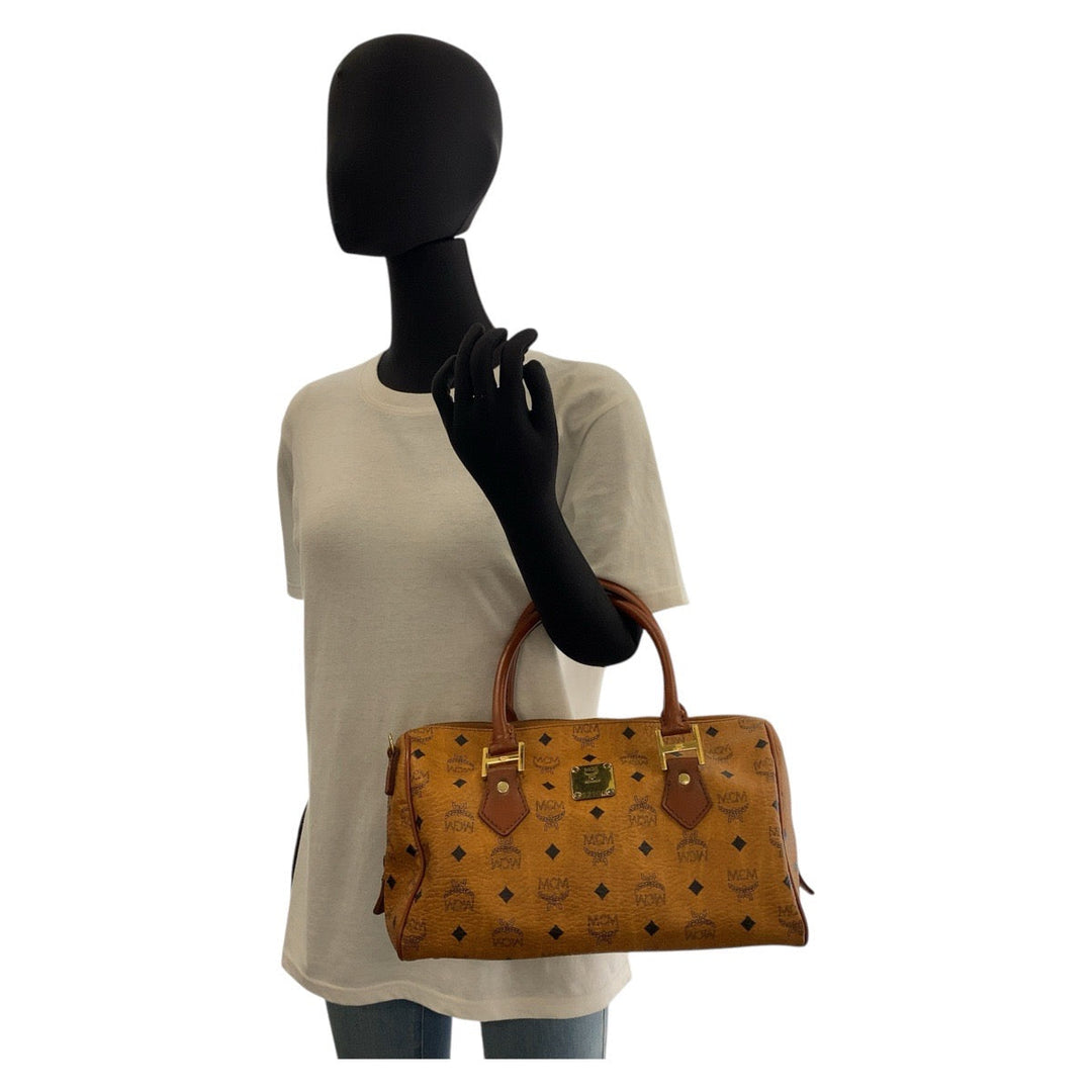 MCM Handbag leather Brown Gold Metal Handbag Boston Duffel bag Vicetos Women Used Authentic