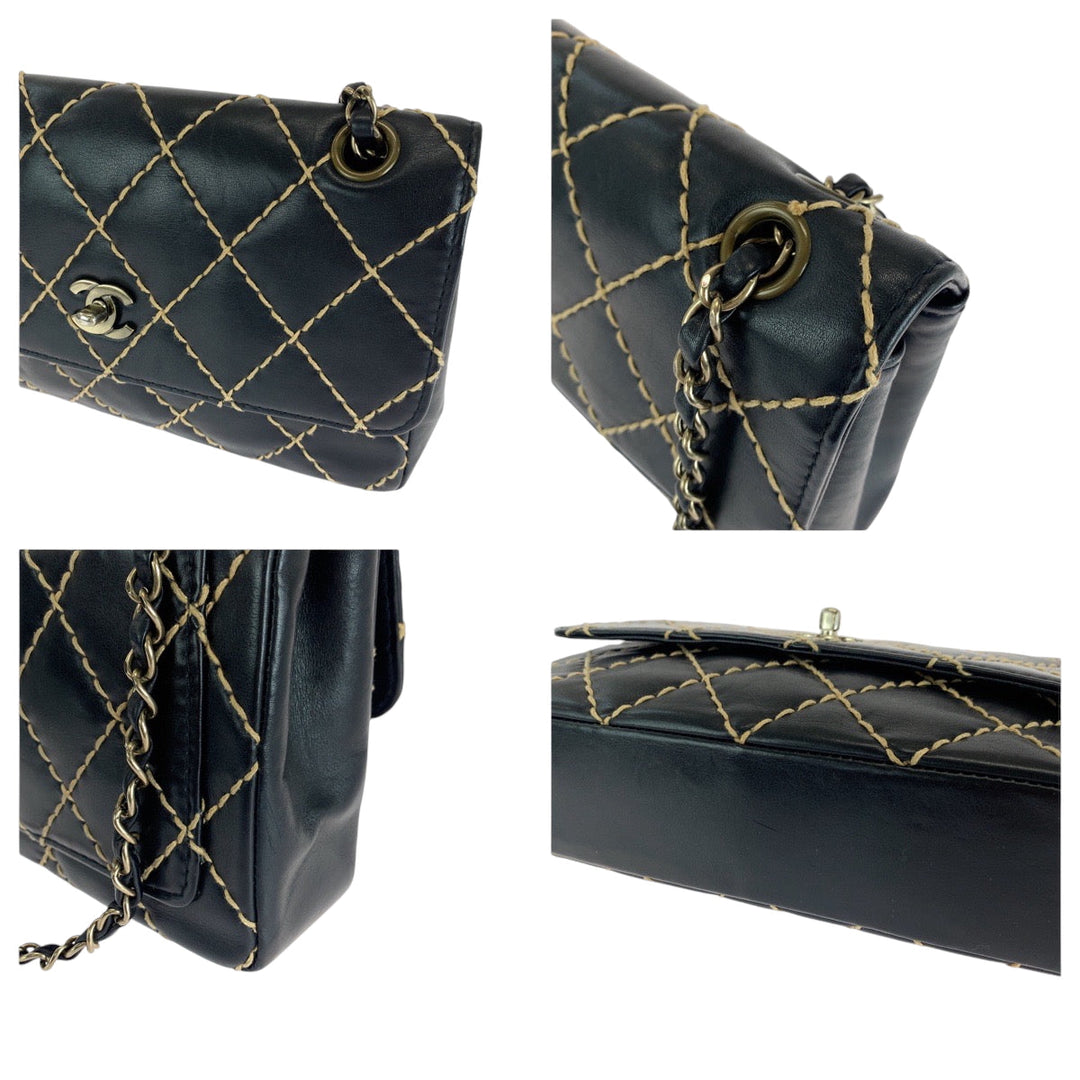 CHANEL Shoulder Bag lambskin Black GoldMetal Wild stitch COCO Mark Turnlock