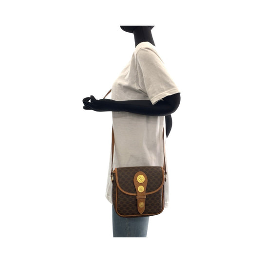 CELINE Shoulder Bag PVC, Leather Brown Gold Metal Shoulder Bag pochette Macadam Medal Women Used Authentic