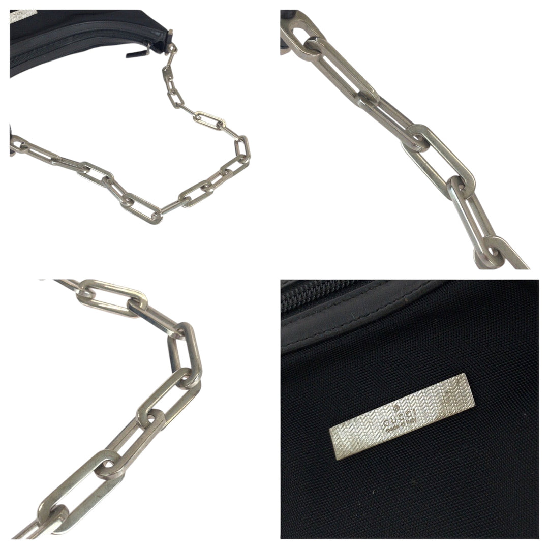 GUCCI Shoulder Bag 001 3374 Nylon Black SilverMetal ChainShoulder Bag Women Used Authentic