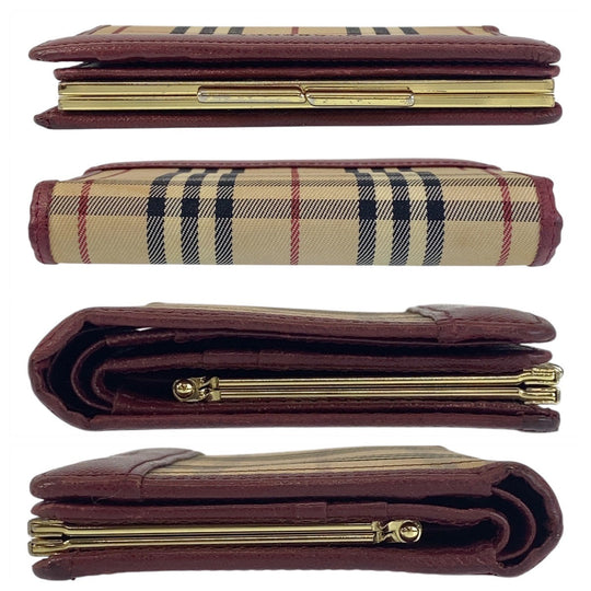 BURBERRY Bifold Wallet Canvas, Leather Beige Bordeaux Gold Metal Folding wallet Compact wallet Check Pattern Women Used Authentic