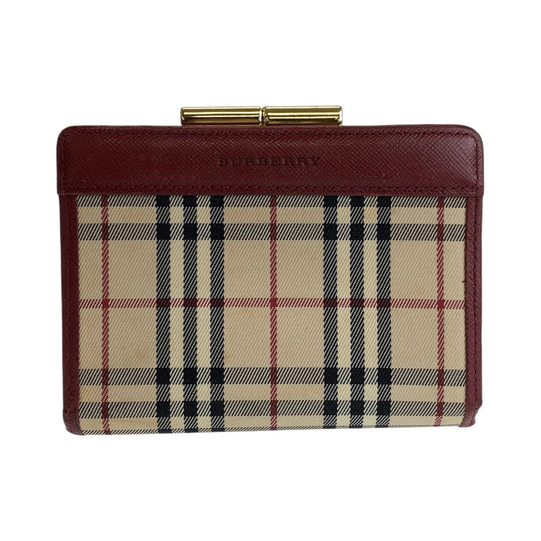 BURBERRY Bifold Wallet Canvas, Leather Beige Bordeaux Gold Metal Folding wallet Compact wallet Check Pattern Women Used Authentic