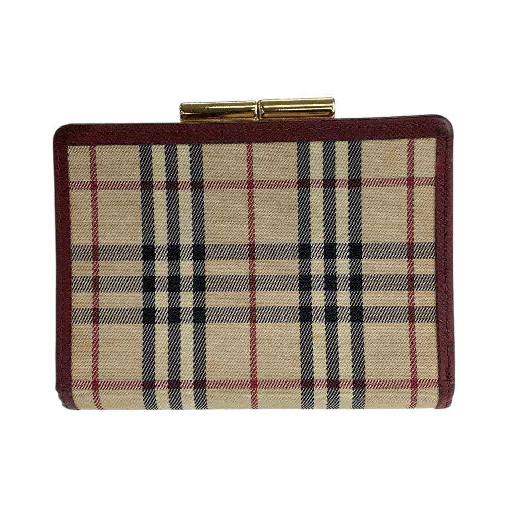 BURBERRY Bifold Wallet Canvas, Leather Beige Bordeaux Gold Metal Folding wallet Compact wallet Check Pattern Women Used Authentic