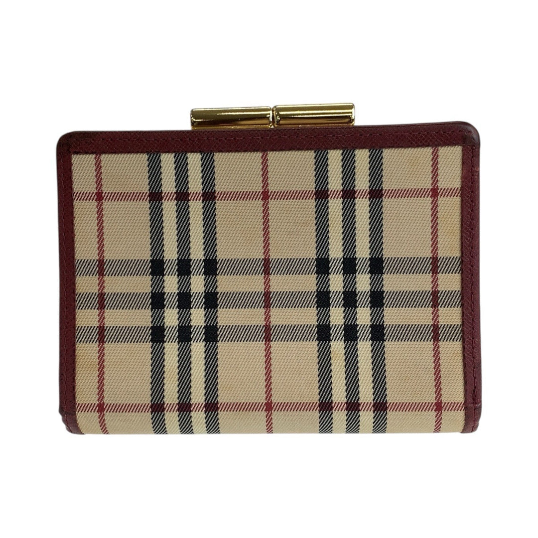 BURBERRY Bifold Wallet Canvas, Leather Beige Bordeaux Gold Metal Folding wallet Compact wallet Check Pattern Women Used Authentic