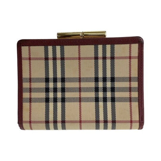 BURBERRY Bifold Wallet Canvas, Leather Beige Bordeaux Gold Metal Folding wallet Compact wallet Check Pattern Women Used Authentic