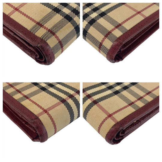 BURBERRY Bifold Wallet Canvas, Leather Beige Bordeaux Gold Metal Folding wallet Compact wallet Check Pattern Women Used Authentic