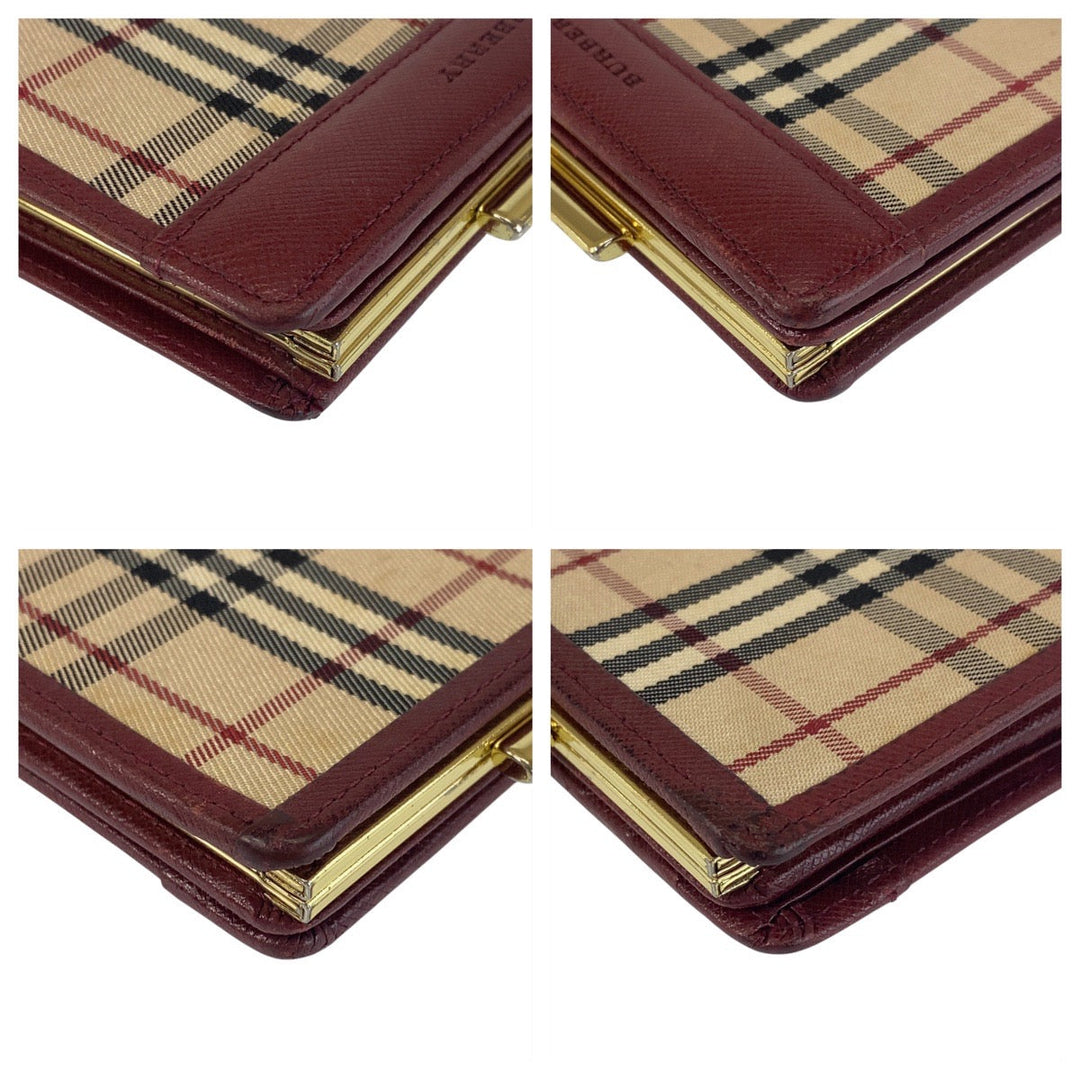 BURBERRY Bifold Wallet Canvas, Leather Beige Bordeaux Gold Metal Folding wallet Compact wallet Check Pattern Women Used Authentic