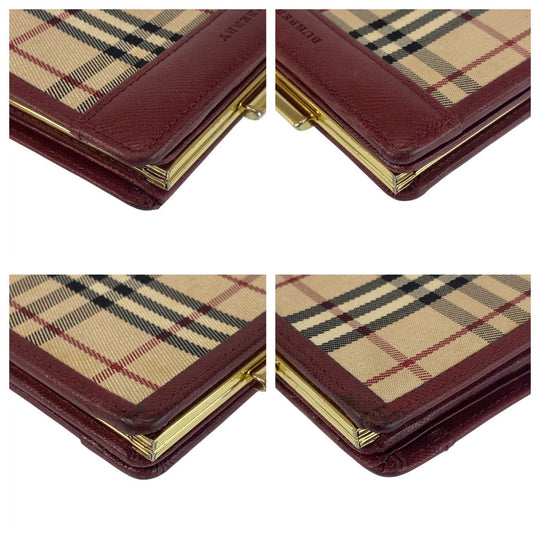 BURBERRY Bifold Wallet Canvas, Leather Beige Bordeaux Gold Metal Folding wallet Compact wallet Check Pattern Women Used Authentic