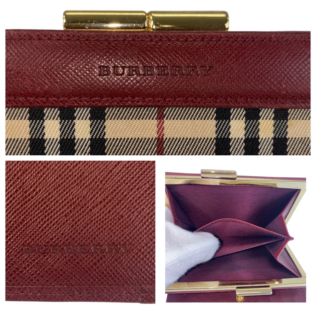 BURBERRY Bifold Wallet Canvas, Leather Beige Bordeaux Gold Metal Folding wallet Compact wallet Check Pattern Women Used Authentic