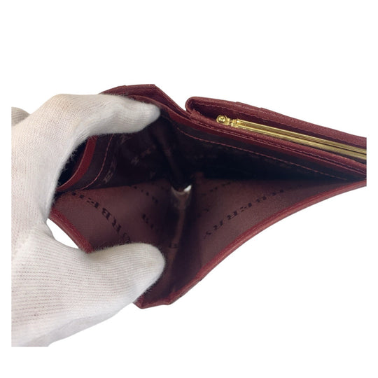 BURBERRY Bifold Wallet Canvas, Leather Beige Bordeaux Gold Metal Folding wallet Compact wallet Check Pattern Women Used Authentic