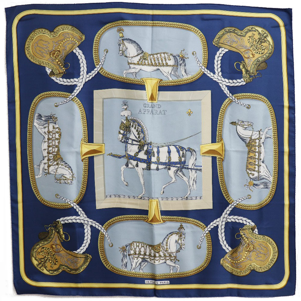 HERMES scarf silk Blue Dressed horse GRAND APPARAT Carre90 Women Used Authentic