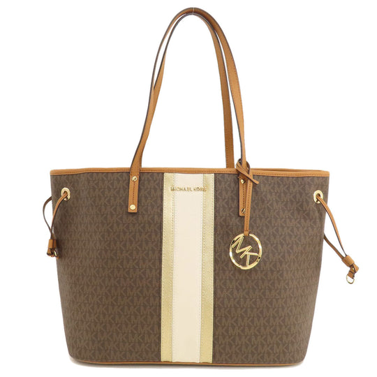 MICHAEL KORS Tote Bag Leather, Coated Canvas Brown MK signature Women Used Authentic