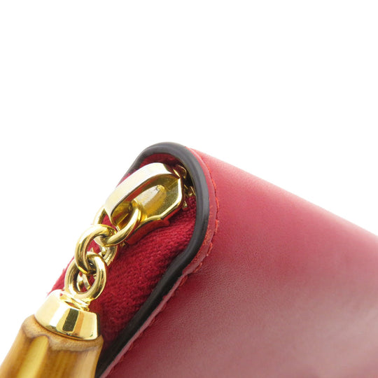 GUCCI Long Wallet Purse 453158 Calfskin Red Bamboo Women Used Authentic
