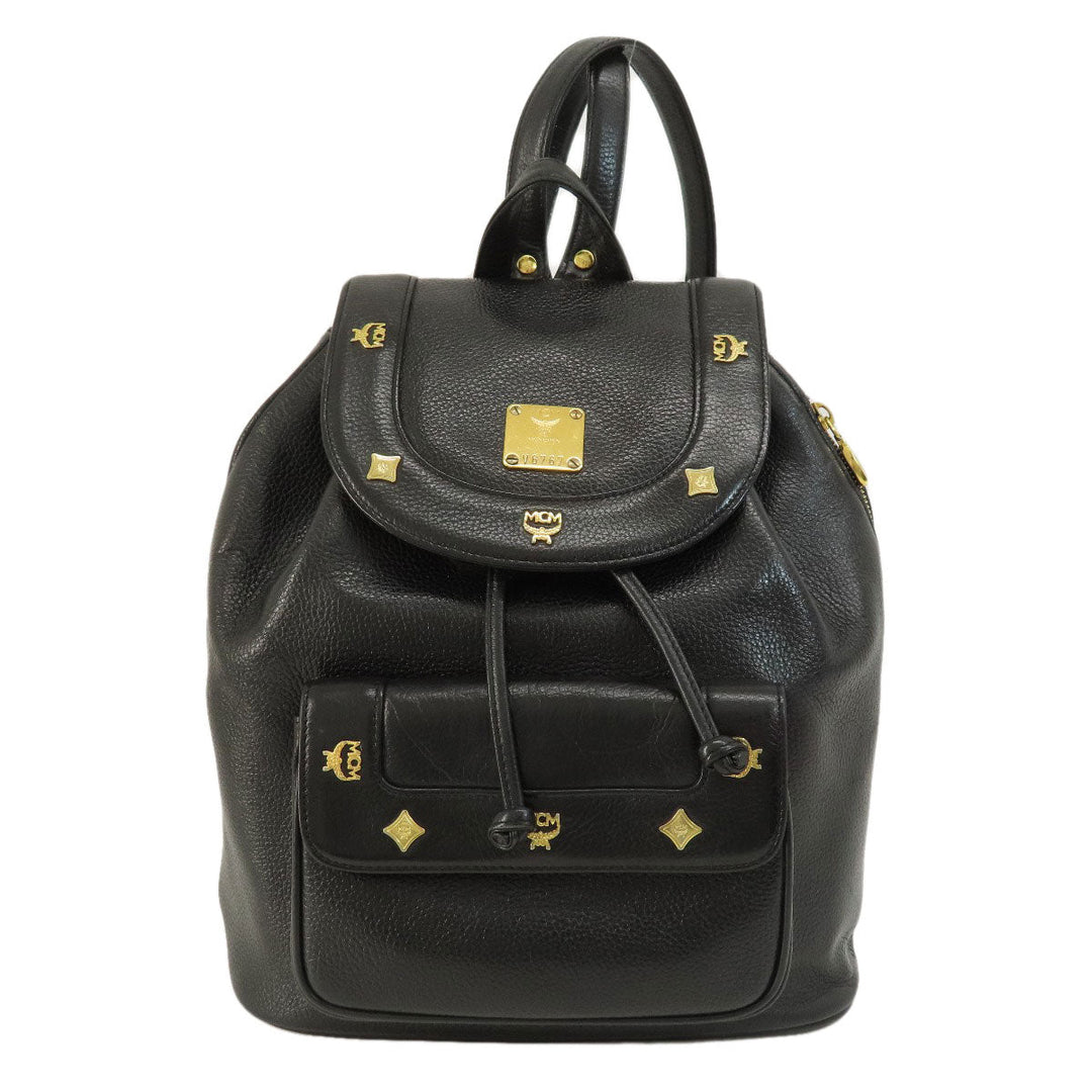 MCM Backpack leather black logo Women Used Authentic