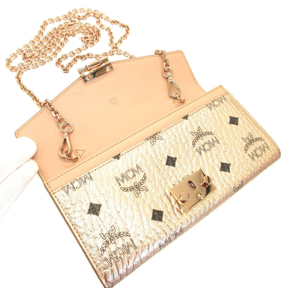 MCM Long Wallet Purse 8APA11 leather Champagne Gold Chain Shoulder Bag Women Used Authentic