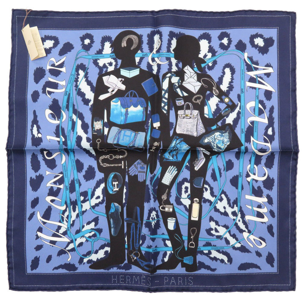 HERMES scarf silk blue Carre40 MONSIEUR ET MADAME Monsieur & Madam unisex(Unisex) Used Authentic