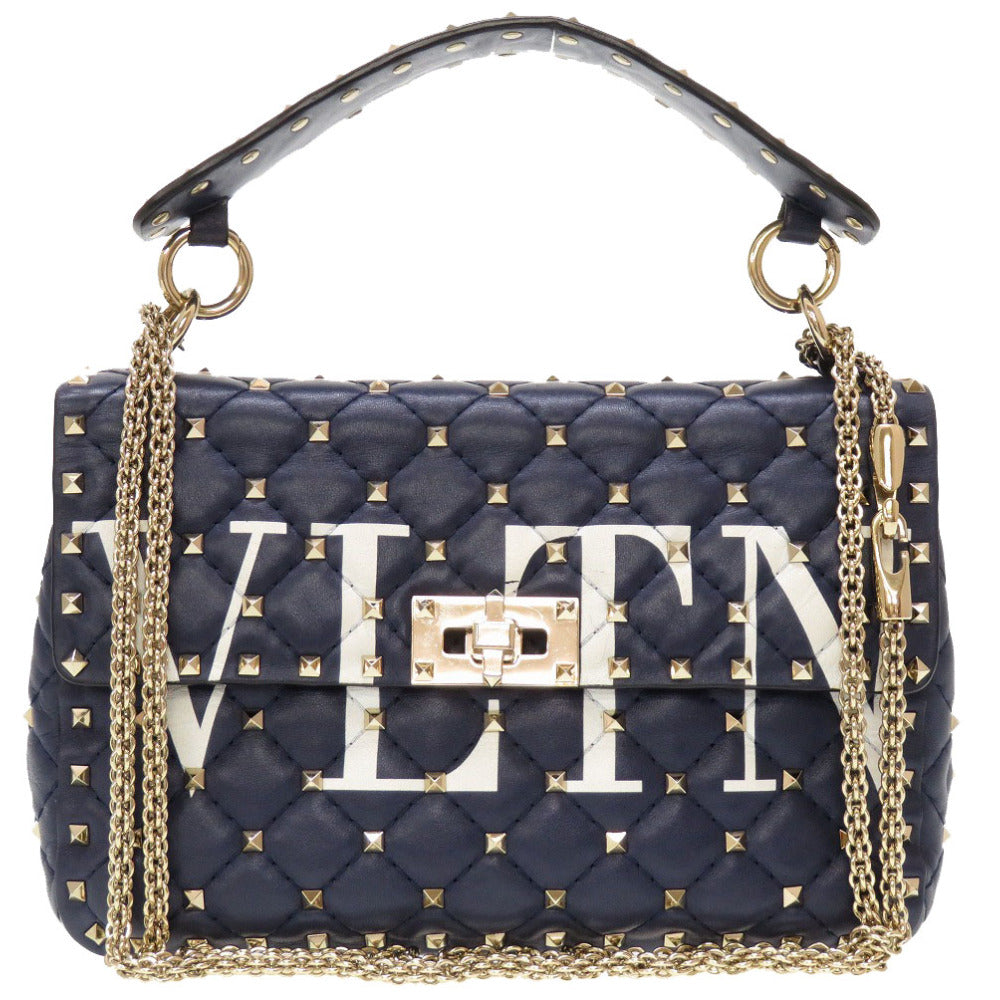 VALENTINO Shoulder Bag leather Navy Rock studs Women Used Authentic