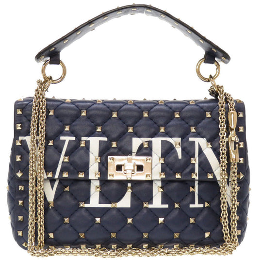 VALENTINO Shoulder Bag leather Navy Rock studs Women Used Authentic