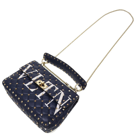 VALENTINO Shoulder Bag leather Navy Rock studs Women Used Authentic