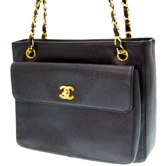 CHANEL Shoulder Bag Caviar skin black W Face Chain Shoulder Bag Women Used Authentic