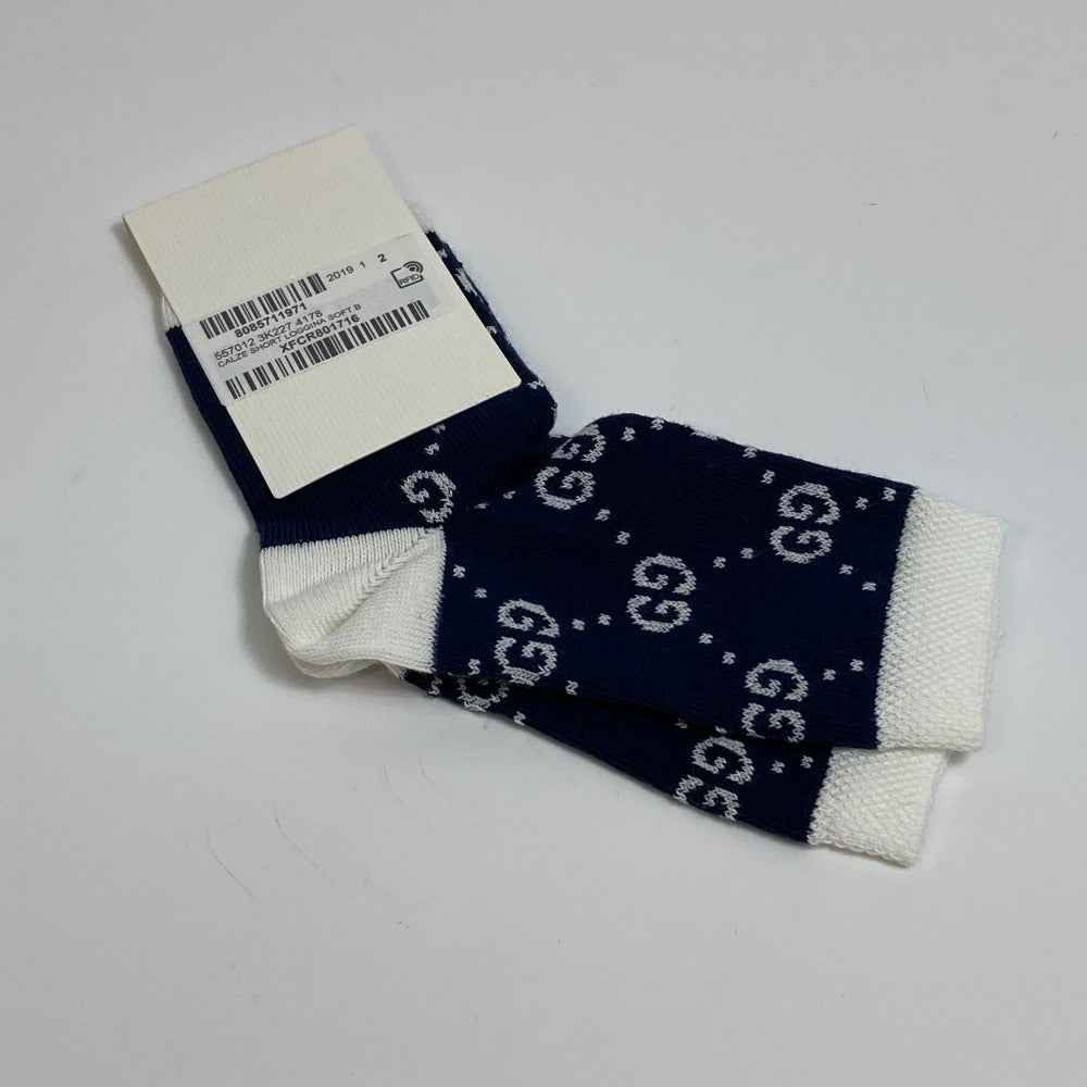 GUCCI Knit hat 418599 cotton White x navy Baby GG pattern Women M Used Authentic