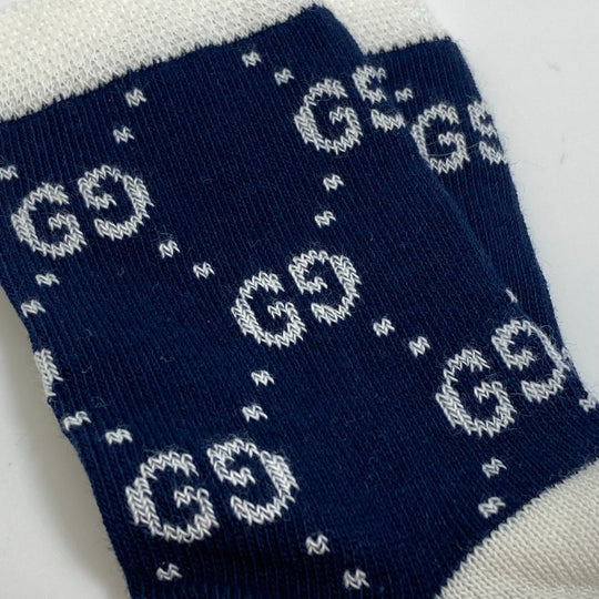 GUCCI Knit hat 418599 cotton White x navy Baby GG pattern Women M Used Authentic