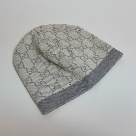 GUCCI Knit hat 418599 cotton White x navy Baby GG pattern Women M Used Authentic