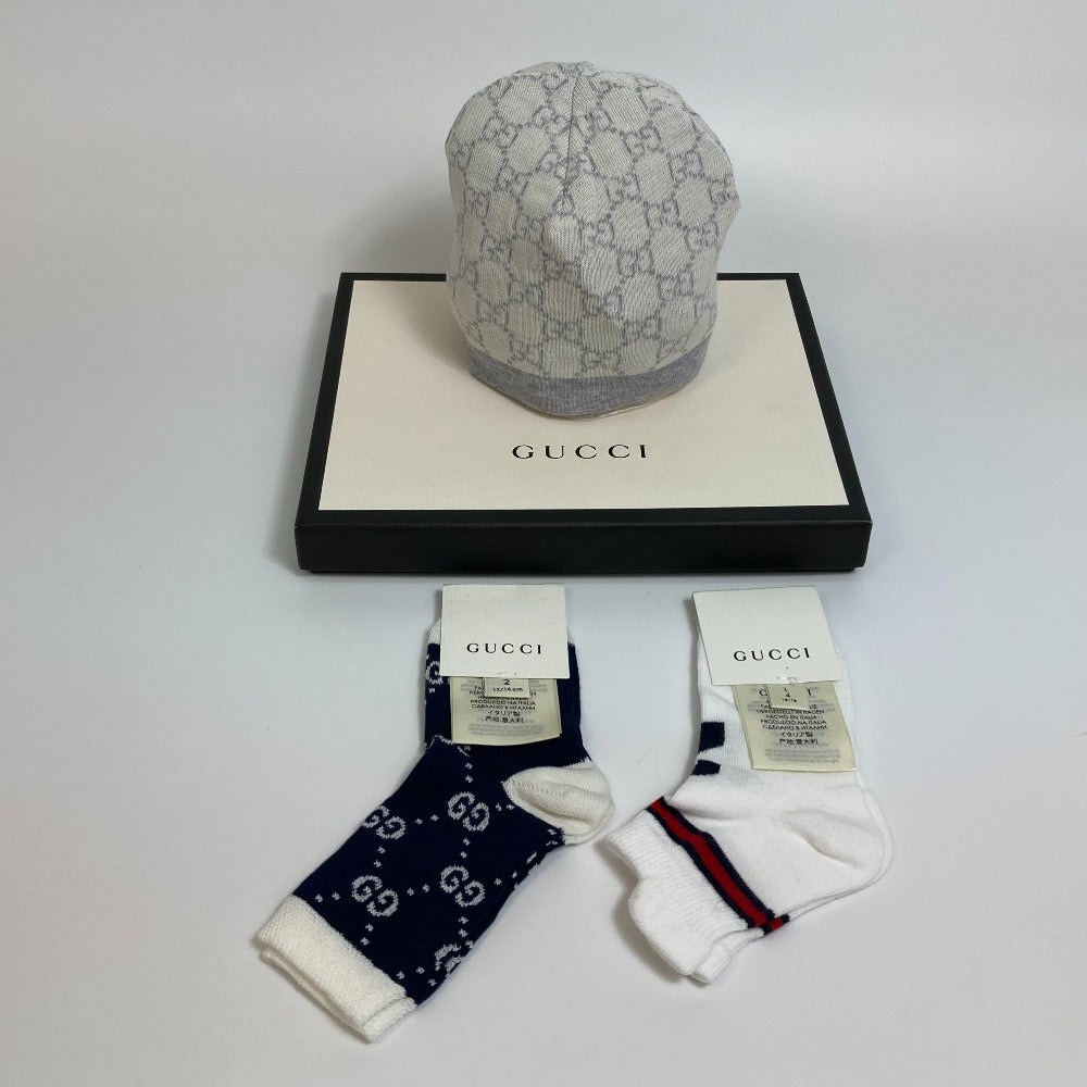 GUCCI Knit hat 418599 cotton White x navy Baby GG pattern Women M Used Authentic