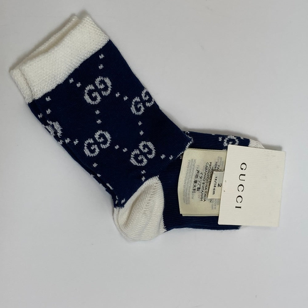 GUCCI Knit hat 418599 cotton White x navy Baby GG pattern Women M Used Authentic
