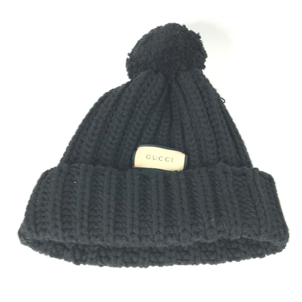GUCCI Knit hat 652656 polyester black With pompoms logo Women 58 Used Authentic