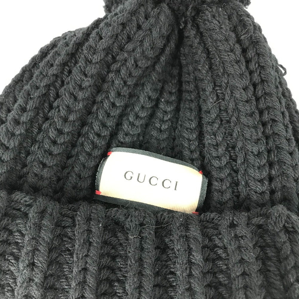 GUCCI Knit hat 652656 polyester black With pompoms logo Women 58 Used Authentic